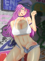 1futa alley armband bare_midriff bare_shoulders bare_thighs blue_eyes blush breasts capcom choker cleavage cock_ring collarbone cuffs cum denim_shorts final_fight flaccid futa_only futanari graffiti handcuffs hat holding_object hotpants human intersex large_breasts legs long_hair looking_at_viewer midriff no_panties open_mouth open_smile outside penis poison_(final_fight) pov precum presenting presenting_penis purple_hair seducing seductive seductive_smile shadow shinku_p shiny_skin shorts smile smiling_at_viewer solo solo_futa straight_hair street_fighter testicles thighs uncensored wide_hips