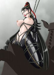 amiba00 arms_behind arms_behind_back ball_gag bayonetta bayonetta_(character) beauty_mark black_hair blue_eyes bodysuit bondage boots breasts chains exposed_breasts female frogtie gag glasses hair_bun high_heel_boots high_heels long_hair mole nipples red_ribbon ribbon sega solo very_long_hair wooden_horse