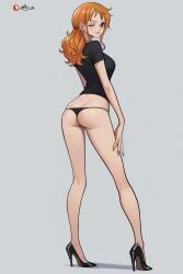 1girls ai_generated ass ass_focus back back_view bare_arms bare_legs bare_thighs big_ass big_breasts big_butt blush clothed clothing color female female_focus female_only hi_res large_breasts light-skinned_female light_skin long_hair looking_at_viewer nami nami_(one_piece) one_piece orange_eyes orange_hair panties post-timeskip prixmal shirt shounen_jump solo solo_female tagme thick_thighs