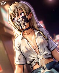 blonde_hair breasts cum cum_on_breasts cum_on_clothes cum_on_face female kitagawa_marin mask masked_female messy night outdoors school_uniform solo sono_bisque_doll_wa_koi_wo_suru tsuii tsuiimon