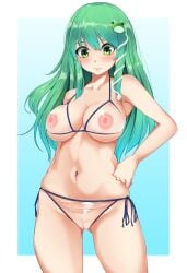 1girls bare_arms bare_shoulders bikini blue_background blush border breasts cleft_of_venus collarbone covered_erect_nipples cowboy_shot frog_hair_ornament gluteal_fold gradient_background green_eyes green_hair hair_between_eyes hair_ornament halterneck hand_on_own_hip kochiya_sanae large_breasts long_hair looking_at_viewer momendoufu navel outside_border pussy sanae_kochiya see-through side-tie_bikini_bottom sidelocks smile snake_hair_ornament solo standing stomach swimsuit thighs touhou uncensored white_border