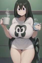 ai_generated coffee coffee_mug hips huge_breasts mug my_hero_academia no_pants oversized_shirt small_waist t-shirt tsuyu_asui waist