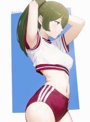 1girls alternate_costume armpit_crease armpits arms_behind_head arms_up breasts buruma crop_top edgar_syu female green_hair gym_uniform medium_breasts midriff ponytail purple_eyes smile solo sousou_no_frieren sportswear stomach sweat ubel_(sousou_no_frieren)