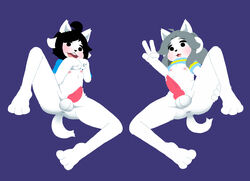 2boys animal_genitalia animal_penis anthro anthrofied anus balls bob_(undertale) bottomless canine_penis clothed clothing deltarune duo erection femboy genitals gesture hair hi_res looking_at_viewer male male_only mammal nipples open_mouth penis rule_63 tem temmie_(undertale) tongue undertale undertale_(series) v_sign video_games white_body