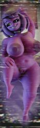 1female 1girls big_breasts breasts collar dakimakura_design female five_nights_at_freddy's genderswap_(mtf) pose purple_body purple_guy purple_guy_(fnaf) purple_hair rule_63 smile solo solo_female solo_focus thick thick_thighs wendy_afton white_pupils william_afton