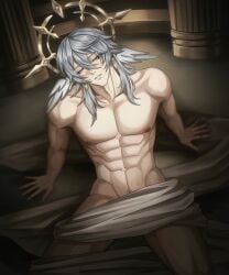 1boy abs blue_hair covering_crotch curtains eight_pack gay gold_earrings gold_jewelry halo head_wings hi_res high_resolution highres honkai:_star_rail male male_only miiririu muscles muscular muscular_male naked naked_male nipples no_visible_genitalia nude nude_male on_floor on_ground on_knees pecs pectorals pillar pubes pubic_hair sitting_on_floor sunday_(honkai:_star_rail) vein veins veiny wings yaoi yellow_eyes