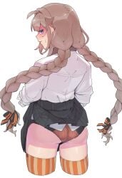 ahoge ass black_panties black_skirt blue_eyes blush braid closed_mouth clothes_lift commentary cropped_legs dress_shirt embarrassed english_commentary female floating_hair from_behind highres kizuna_akari lace-trimmed_panties lace_trim light_brown_hair long_hair looking_at_viewer looking_back multicolored_clothes multicolored_panties orange_panties orange_thighhighs panties pleated_skirt shirt shirt_tucked_in simple_background skirt skirt_lift sleeves_rolled_up solo striped_clothes striped_thighhighs sweatdrop thighhighs thighs toriniku29 twin_braids underwear vertical-striped_clothes vertical-striped_thighhighs vocaloid voiceroid white_background white_shirt