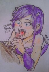 1girl 1girls amateur_artist blush clothed clothed_sex demon_girl demon_horns demon_tail denzelmozz dripping_precum dripping_saliva ears easy_demon female geometry_dash happy horn licking_penis nails_painted penis_grab penis_lick purple_hair purple_nails sharp_teeth size_difference smile tail traditional_media_(artwork)