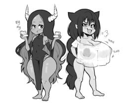 big_breasts big_forehead cake demon demon_girl demon_horns eating eating_food horns jahy jahy_sama_wa_kujikenai! large_breasts long_hair maou_(jahy-sama_wa_kujikenai) monochrome onomatopoeia revealing_clothes shortstack smug smug_expression smug_face thick_thighs young_savage