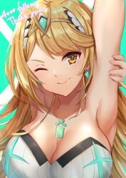 1girls aqua_background arms_behind_head arms_up blonde_hair circlet cleavage earrings edamameoka green_background high_res jewelry long_hair looking_at_viewer mythra mythra_(radiant_beach)_(xenoblade) nintendo one-piece_bikini one_eye_closed smile swept_bangs swimsuit upper_body white_one-piece_swimsuit xenoblade_chronicles_(series) xenoblade_chronicles_2 yellow_eyes