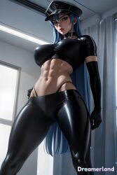 1girls abs ai_generated akame_ga_kill! blue_eyes blue_hair body_fur breasts choker esdeath_(akame_ga_kill!) female female_focus female_human female_only fitness from_below gloves gym hat hd hd_(traditional) high_resolution highres latex leggings lips long_hair looking_at_viewer muscle muscles outfit pose posing posing_for_picture posing_for_the_viewer skin sky4maleja slender_waist solo solo_female sports_bra thick_legs thick_thighs very_long_hair window