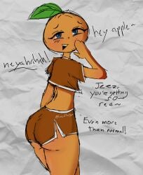 1boy 1femboy annoying_orange blue_eyes booty_shorts crop_top dialogue dolphin_shorts femboy feminine_male lueislazy orange_skin teasing thick_ass thick_thighs