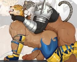 2boys animal_ears animal_head armor armor_king ass bara black_gloves blue_gloves boots dark-skinned_male dark_skin erection gloves highres jaguar jaguar_boy jaguar_ears jaguar_tail king_(tekken) large_pectorals luchador male_focus male_only multiple_boys muscular muscular_male pauldrons pectorals penis sex sex_from_behind shoulder_armor shoulder_spikes spikes tail tekken testicles tongue tongue_out torn_clothes weisun_(leoooliooon) wrestling_outfit yaoi