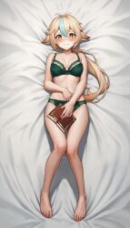 ai_generated aimoonshine alternate_version_available animal_ears barefoot blue_hair blush covering_crotch dakimakura dakimakura_design embarrassed full_body genshin_impact green_bra green_hair green_panties hair_flaps holding_book lace_trim lingerie looking_at_viewer lying medium_breasts on_back on_bed orange_eyes ponytail smile streaked_hair sucrose_(genshin_impact) underwear_only wavy_mouth