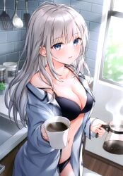 1girls absurdres bare_shoulders black_bra black_panties blue_eyes bra breasts cleavage coffee coffee_pot collarbone cowboy_shot cup day grey_hair higeneko highres holding indoors jacket long_hair long_sleeves looking_at_viewer medium_breasts navel off_shoulder open_clothes open_jacket original panties parted_lips scan sidelocks solo spaghetti_strap standing steam stomach strap_slip underwear white_jacket