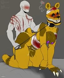 absurd_res all_fours ambiguous_penetration animatronic anthro bandage bandaged_arm bandaged_chest bandaged_head bite bite_mark blood blush bodily_fluids claws collar doggy_style duo female five_nights_at_freddy's five_nights_at_freddy's_4 from_behind_position genital_fluids heart hi_res human leash looking_back machine male male_human/female_anthro male_human/female_robot mammal nightmare_fredbear_(fnaf) nightmarebearpuff nipples penetration purple_nipples robot rule_63 sex sharp_claws sharp_teeth smile stomach_mouth straight teeth ursid video_games