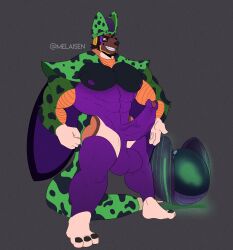 2021 3_toes abs absurd_res anthro balls barefoot black_nails brown_face canid canine cell_(dragon_ball) clenched_teeth colored_nails dragon_ball erection feet foreskin full-length_portrait genitals green_arms green_tail grey_background grin hi_res humanoid_genitalia humanoid_penis male male_focus male_only mammal melaisen mottled mottled_body muscular muscular_anthro muscular_male nails pecs penis perfect_cell portrait purple_balls purple_body purple_penis saggy_balls simple_background smile solo solo_male standing tail teeth toes vein veiny_penis