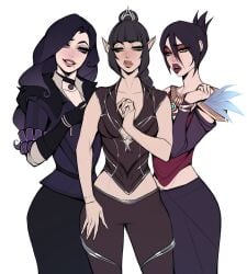 3girls annoyed_expression baldur's_gate_3 black_hair braided_ponytail dragon_age dungeons_and_dragons female female_only goth goth_girl half-elf knife_ears mage makeup morrigan_(dragon_age) narrow_waist non-nude plunging_neckline shadowheart slender_waist smiling the_witcher_(series) thick_lips white_background yennefer ykshelter