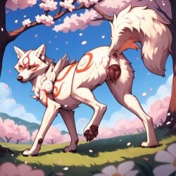 ai_generated amaterasu amaterasu_(okami) anatomically_correct anatomically_correct_genitalia animal animal_genitalia animal_pussy anus bedroom_eyes bodily_fluids canid canine canine_pussy canis cherry_blossom claws detailed detailed_background detailed_fur director_firewolf female feral flower fur genital_fluids genitals grass green_eyes looking_at_viewer looking_back looking_back_at_viewer mammal markings narrowed_eyes okami outside pawpads paws plant pony_diffusion_(model) pussy pussy_juice raised_leg raised_tail red_markings seductive solo toe_claws tree white_body white_fur wolf