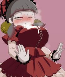 animated bells blowjob cum cum_in_mouth cum_on_breasts cum_on_chest cum_on_clothes kansard_depravity laetitia laetitia_(lobotomy_corporation) lobotomy_corporation project_moon red_dress red_eyes white_skin