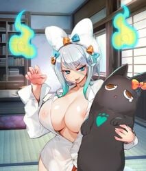 blue_hair bodypillow exposed_breasts geneva_(project_qt) gray_hair huge_breasts nutaku project_qt