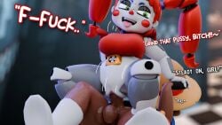 1female 1girls 1male 3d animatronic balls circus_baby_(fnaf) circus_booby cowgirl_position dark-skinned_male dark_skin dominant dominant_female domination english english_dialogue english_text five_nights_at_freddy's five_nights_at_freddy's:_security_breach five_nights_at_freddy's:_sister_location genitals green_eyes jordevoir open_mouth penile penile_penetration penis penis_in_pussy prodding red_eyes riding robot robot_girl sex skirt text thick_penis tongue_out twintails vaginal_penetration vaginal_sex