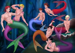 2d 7boys adella alana amenoosa andrina aquata ariel ariel's_sisters ariel_(the_little_mermaid) arista attina black_hair blonde_hair brown_hair disney_princess fish_tail full_color lounging male male_only merfolk merman multiple_boys muscles muscular muscular_male red_hair rule_63 smile_at_viewer the_little_mermaid thick_ass underwater yellow_hair