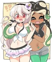 2girls @_@ alternate_costume bikini bikini_skirt blush breast_grab breasts cleavage company_connection corrin_(female)_(fire_emblem) corrin_(female)_(summer)_(fire_emblem) corrin_(fire_emblem) covered_nipples crossover cute_fang dark-skinned_female dark_skin eromame female female_only fire_emblem fire_emblem_fates fire_emblem_heroes flower grabbing grabbing_another's_breast groping hair_flower hair_ornament hat headband large_breasts long_hair marina_(splatoon) medium_breasts mole mole_under_mouth multiple_girls navel nintendo official_alternate_costume piercing pointy_ears skin_fang splatoon splatoon_(series) splatoon_2 sweat swimsuit tentacle tentacle_grab tentacle_hair white_bikini yuri