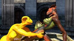 2girls 3d amazed argonian butt_grab capplegate10 duo eye_contact female fisting game_screenshot grabbing grabbing_ass groping groping_ass lizard nude oblivion open_mouth outside piercing public smile stomach_bulge the_elder_scrolls yuri