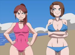 2girls big_breasts bikini bikini_bottom bikini_top blue_eyes breast_envy breasts brown_hair claire_redfield hinca-p jill_valentine panties resident_evil