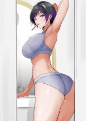 1girls arm_behind_head bandai_namco big_breasts black_and_purple_hair breasts brush brushing busty clash_kuro_neko curvaceous curvy curvy_body curvy_female curvy_figure female hand_behind_head multicolored_hair namco namco_bandai reina_mishima sports_bra tekken tekken_8 thick_thighs thighs toothbrush voluptuous