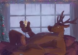 absurd_res anther anthro brown_body brown_fur deer erection fur genitals hi_res hooves humanoid_genitalia inviting_to_sex looking_at_viewer lying male male/male mammal new_world_deer nude on_back paintfox reindeer solo