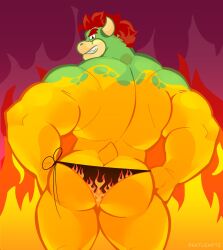 1boy anthro anthro_only ass ass_focus back back_view beetleart beetleartz bowser butt_focus clothing gay green_body hair hi_res horns koopa looking_at_viewer male male_only mario_(series) nintendo rear_view red_eyes red_hair scalie solo solo_male standing thong underwear yellow_body