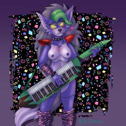 2d 2d_(artwork) 2d_artwork anthro breasts canid canine canis clothing collar ear_piercing ear_ring female five_nights_at_freddy's five_nights_at_freddy's:_security_breach fnaf fur grey_body grey_fur hi_res keyboard_instrument keytar leg_warmers legwear mammal musical_instrument nipples piercing ring_piercing roxanne_wolf_(fnaf) scottgames solo steel_wool_studios wolf