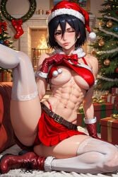 1girls abs ai_generated attack_on_titan big_breasts black_hair breasts christmas hat mature mature_female mikasa_ackerman milf naughtygirlsai santa_hat shirt_lift short_hair sitting solo spread_legs thighhighs underboob undressing