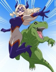 1boy 1girls beast_boy blonde_hair boku_no_hero_academia busty crossover dc dc_comics dinosaur eastern_and_western_character garfield_logan green_body green_skin heroic_pose high_heels light-skinned_female light_skin midair monster_boy mount_lady my_hero_academia nicolasgravelqc superhero superheroine teen_titans tyrannosaurus_rex yuu_takeyama