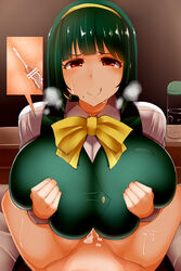 1boy 1girls alternate_breast_size breasts censored clothed_female clothed_female_nude_male cum cum_between_breasts facominn green_hair huge_breasts human idolmaster kotori_otonashi large_breasts lube nude_male paizuri red_eyes smile straight sweat sweatdrop tongue