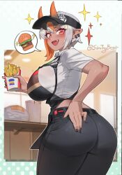 big_ass big_breasts breasts bubble_butt employee employee_uniform huge_ass looking_at_viewer sintrybest_(artist) smile thick_thighs wide_hips