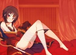 bandage bandaged_leg bare_legs bare_shoulders bare_thighs barefoot bed bed_sheet black_bra black_panties blush bra brown_hair choker cleavage collarbone embarrassed feet hand_between_legs indoors kono_subarashii_sekai_ni_shukufuku_wo! megumin off_shoulder open_mouth panties panties_around_leg red_eyes short_hair side-tie_panties small_breasts strap_slip tam-u thighs toes underwear unworn_hat witch_hat zettai_ryouiki