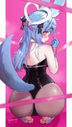 2024 4:7 anthro ass blue_hair blush butt claws clothed clothing curvy curvy_body curvy_female curvy_figure deco_27_(producer) eeveelution feet female fingers generation_6_pokemon hair hi_res long_hair looking_at_viewer looking_back looking_back_at_viewer nintendo nyaohha pawpads pink_pawpads pokemon pokemon_(species) rabbit_hole_(deco_27) shiny_pokemon solo sylveon tail toe_claws toes very_high_resolution