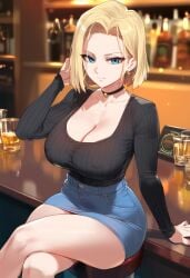 1girls ai_generated android_18 bare_legs bare_thighs big_breasts blonde_hair blue_eyes clothed clothing color dragon_ball dragon_ball_z female female_focus female_only hi_res laino_airt large_breasts light-skinned_female light_skin looking_at_viewer nipples_visible_through_clothing no_bra short_hair solo solo_female tagme thick_thighs