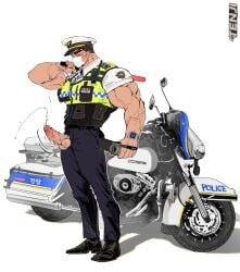 1boy bara biceps black_hair blush bulletproof_vest camera cum ejaculation erection full_body hat highres holding holding_camera looking_down male_focus male_only male_pubic_hair mask mature_male motor_vehicle motorcycle mouth_mask muscular muscular_male open_fly original penis police police_hat police_uniform policeman projectile_cum pubic_hair shadow short_hair sideburns simple_background solo ten_g89 tenji_(ten_g89) testicles thick_eyebrows uncensored uniform veins veiny_arms walkie-talkie watch white_background wristwatch