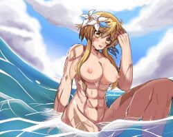 1girl abs annoyed beach big_muscles blonde_hair breasts cloud cloudy_sky female female_only flower flower_on_head genshin_impact large_breasts lumine_(genshin_impact) muscular muscular_arms muscular_female muscular_legs muscular_male nipples scar scar_on_face sky tongue tongue_out water wet yellow_eyes yukiart_83