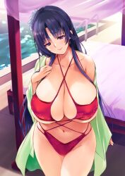 bed bikini black_hair breasts cleavage flower hair_ornament highres huge_breasts ichikawa_noa kusuriya_no_hitorigoto long_hair navel pairin_(kusuriya_no_hitorigoto) pool purple_eyes sidelocks skindentation smile solo swimsuit