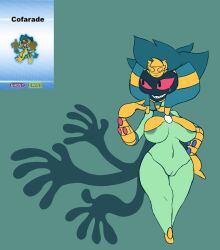 2019 areola big_breasts black_eyes breasts cofagrigus cofarade cofarade_(fakemon) digital_media_(artwork) elfdrago female fusion generation_4_pokemon generation_5_pokemon genitals green_areola green_background green_body grin hi_res humanoid hybrid_pokemon metachoke navel nintendo pokemon pokemon_(species) pokemon_fusion pussy red_sclera roserade shadow_face short_stack simple_background smile solo thick_thighs