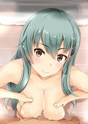 1boy bathroom breasts cum cum_on_body cum_on_breasts cum_on_upper_body ejaculation female green_eyes green_hair hair_ornament hanchou_(shirokun555) indoors kantai_collection long_hair looking_at_viewer paizuri smile straight suzuya_(kantai_collection)