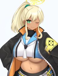 1girls absurdres blonde_hair blue_archive breasts crop_top dark-skinned_female dark_skin female green_eyes halo highres jacket large_breasts long_hair midriff navel one_eye_closed open_clothes open_jacket ponytail school_uniform serafuku shinon_(blue_archive) sidelocks simple_background smile solo star-shaped_pupils star_(symbol) stomach symbol-shaped_pupils underboob upper_body white_background zawashi_(zawashio1013)