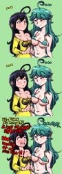 2d 2d_(artwork) 2girls areolae black_hair blue_eyes breast_size_difference breasts comic dialogue female female_only green_eyes green_skin hypno-tan hypnohub mr.sir_69 multiple_girls nipples_visible_through_clothing personification rule_34-tan rule_34_(booru) rule_34_comment self_upload site-tan size_comparison