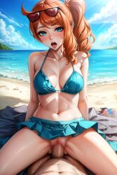 1boy 1girls ahe_gao ahe_gao ai_generated artsbuyu bangs bikini bikini_bottom bikini_top blush censored cowgirl_position curly_hair embarrassed eyewear_on_head hair_between_eyes hi_res long_hair looking_at_viewer medium_breasts navel open_mouth orange_hair penis pokemon pokemon_ss ponytail pussy riding riding_penis saliva sex skirt sonia_(pokemon) stable_diffusion straight straight tongue vaginal_penetration vaginal_penetration