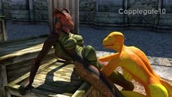 2girls 3d amazed anthro argonian capplegate10 duo eye_contact female fisting lizard nude oblivion open_mouth outside piercing public scalie smile stomach_bulge the_elder_scrolls yuri